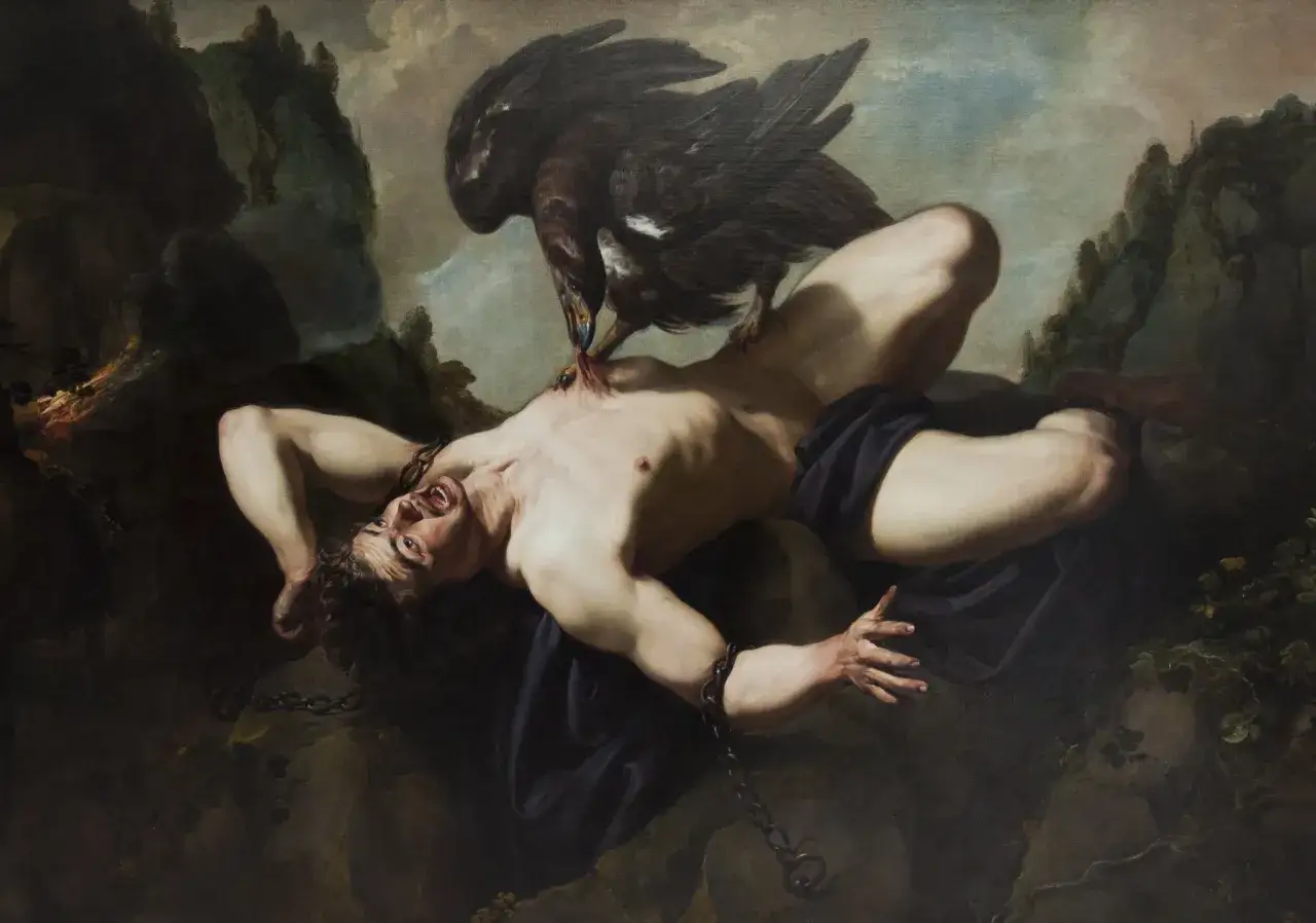 Prometeusz, którego stworzył w mitologii greckiej Zeus, cierpi męki. Orzeł wyrywa mu wątrobę.