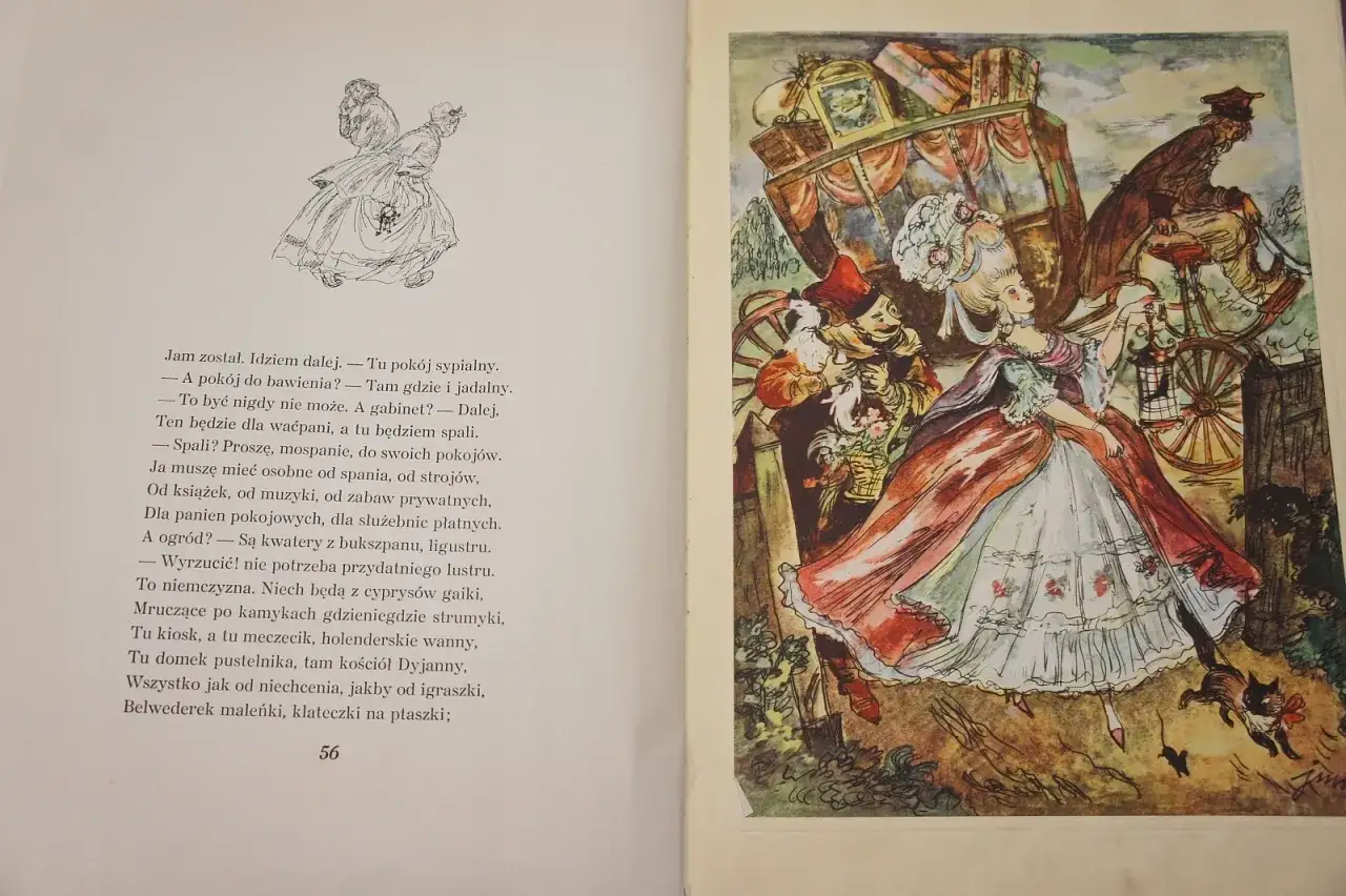 Ilustracja do tytułu satyry Ignacego Krasickiego. Barokowa dama z karocą i ludźmi.