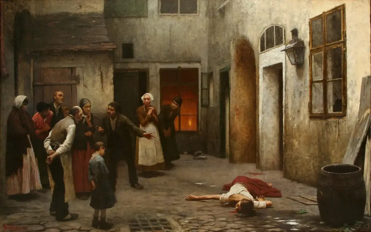 Scena z podwórka, gdzie leży martwa kobieta. Grupa ludzi obserwuje zdarzenie, sugerując genezę zbrodni i kary.