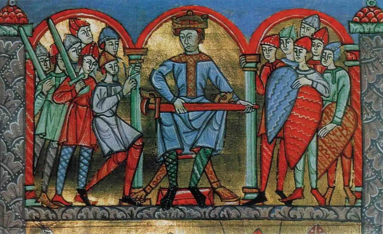 Król z mieczem i gwardią. Ilustracja pokazuje, co to wzorce parenetyczne, prezentując władcę i jego żołnierzy.