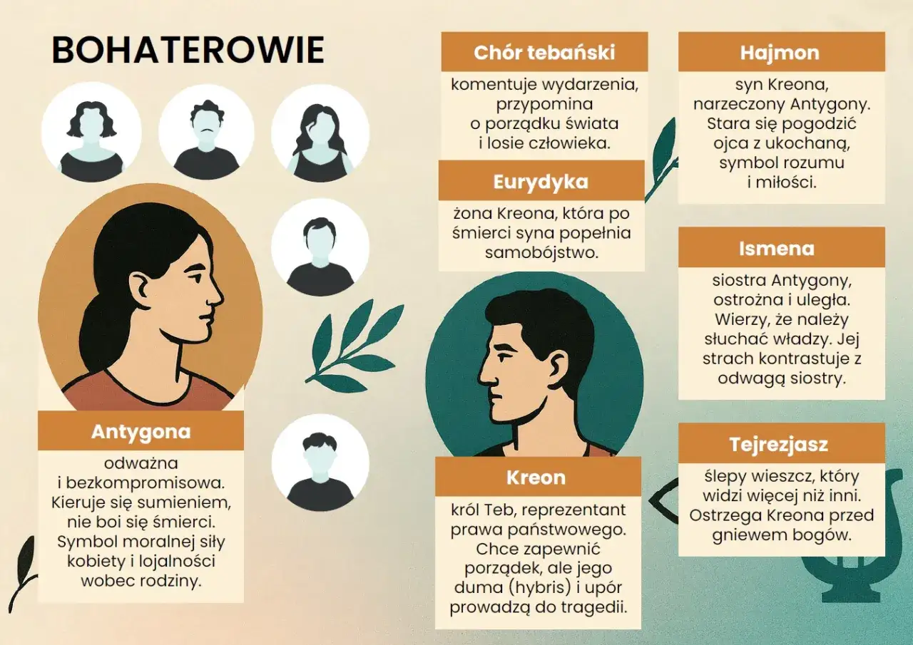 Antygona, Kreon i inni bohaterowie Sofoklesa. Ich wybory ukazują co to tragizm w Antygonie, gdzie prawo boskie ściera się z ludzkim.