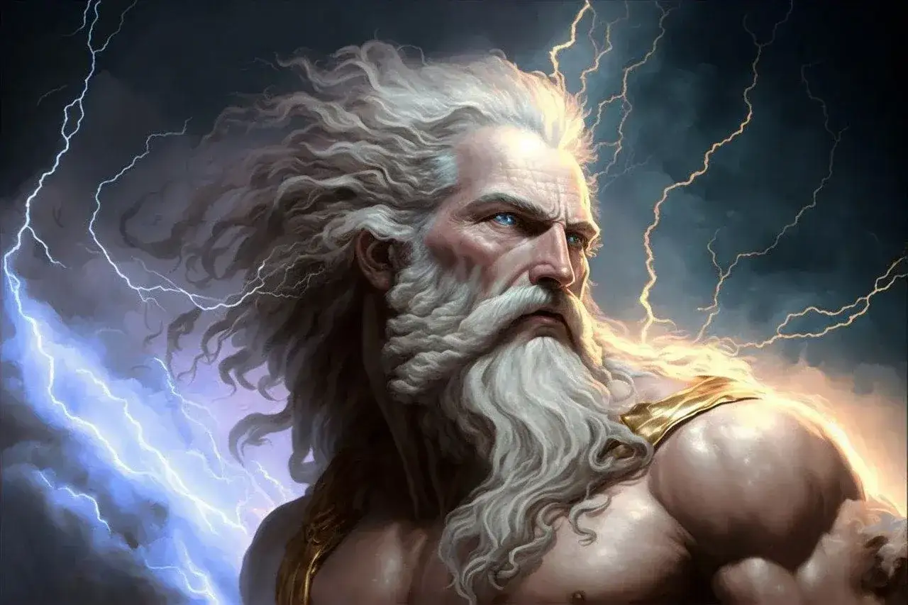 Potężny Zeus, archetyp w mitologii, z burzą błyskawic w tle. Jego siwe włosy i broda falują, a niebieskie oczy emanują mocą.